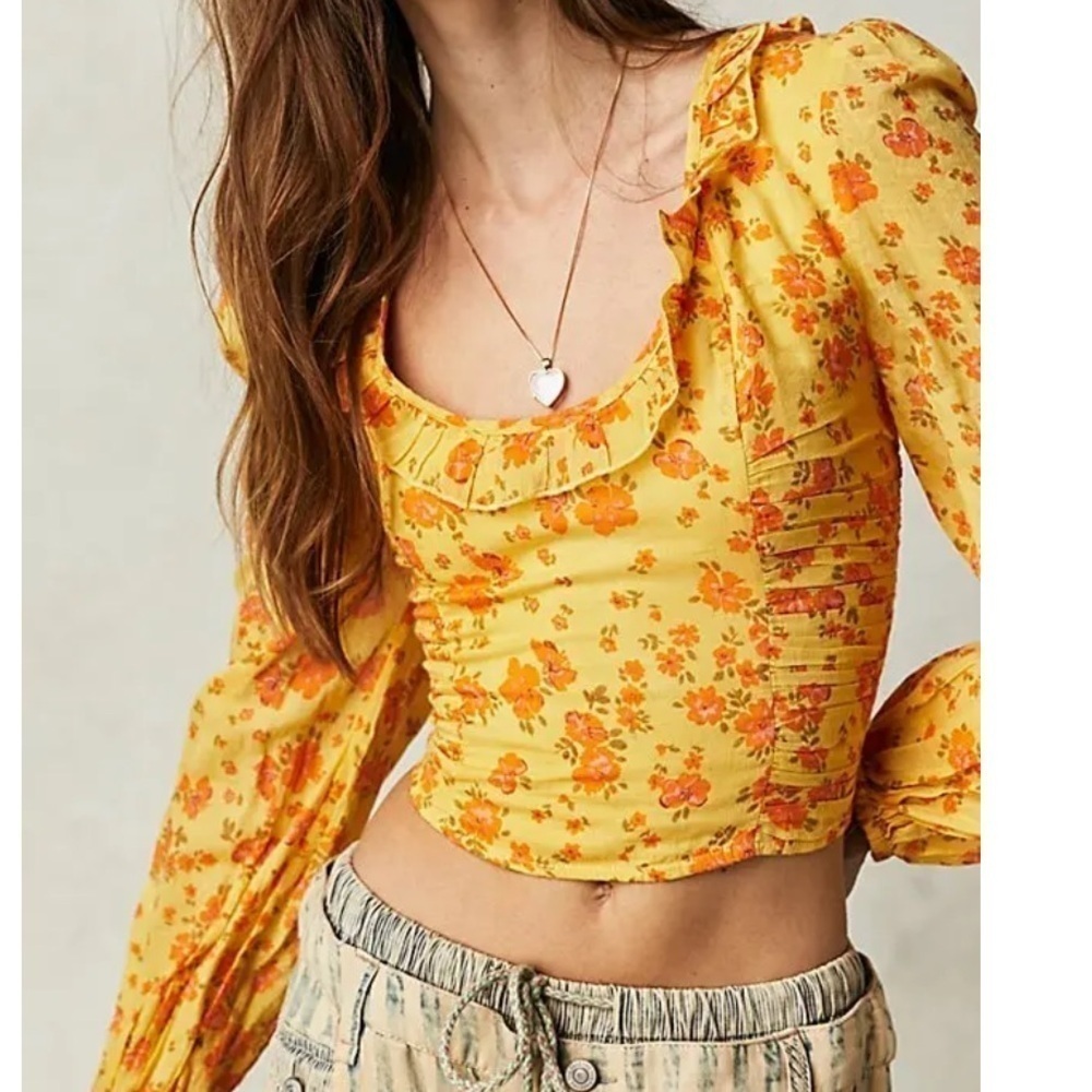 Free People Another Life Floral Printed Top Honey Combo Small Billowed Sleeves